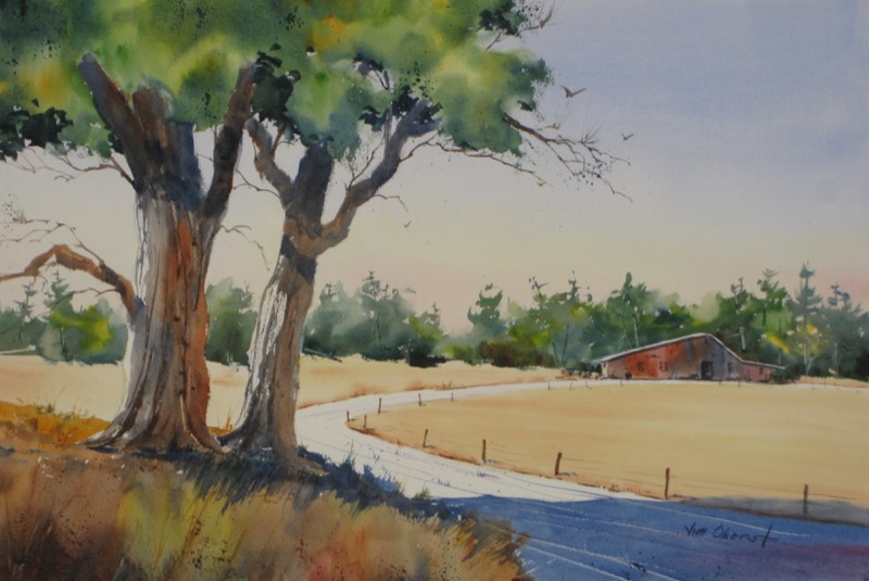landscape, farm, tree, barn, original watercolor painting, oberst